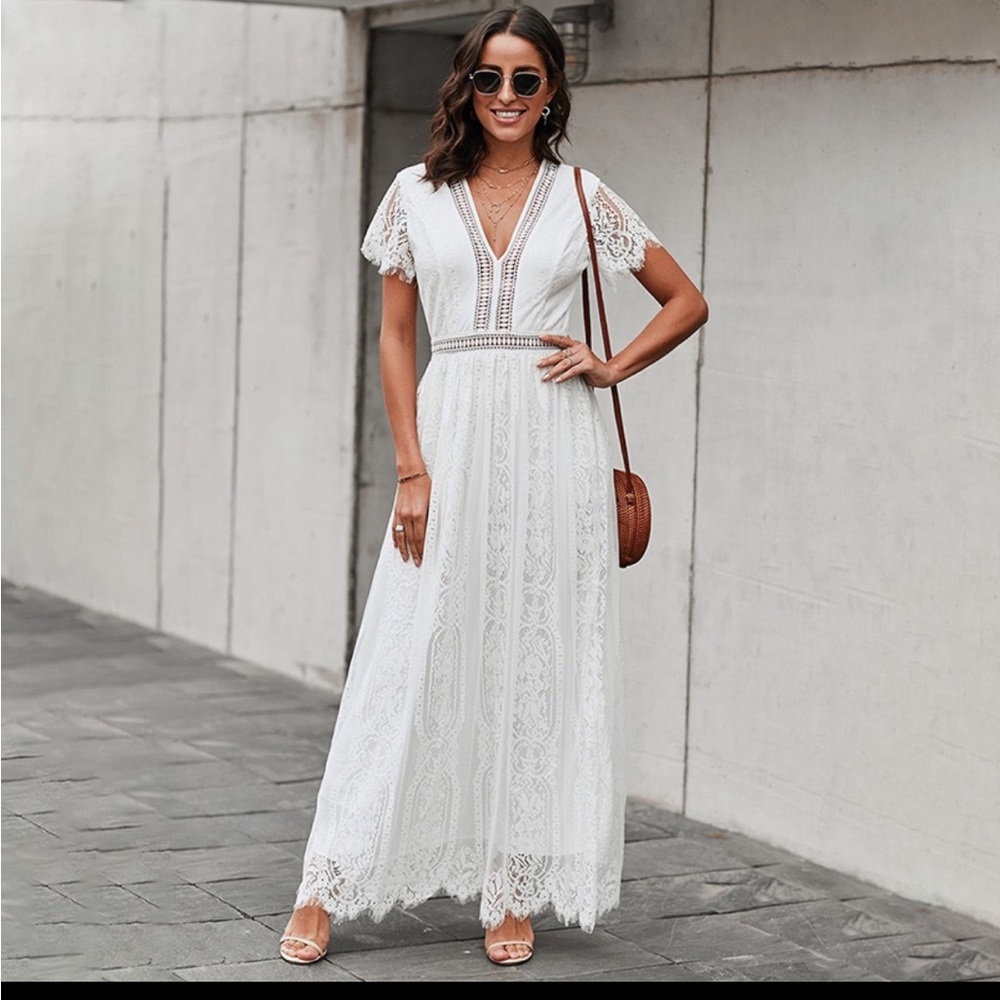 Boho Lace White Maxi Dress